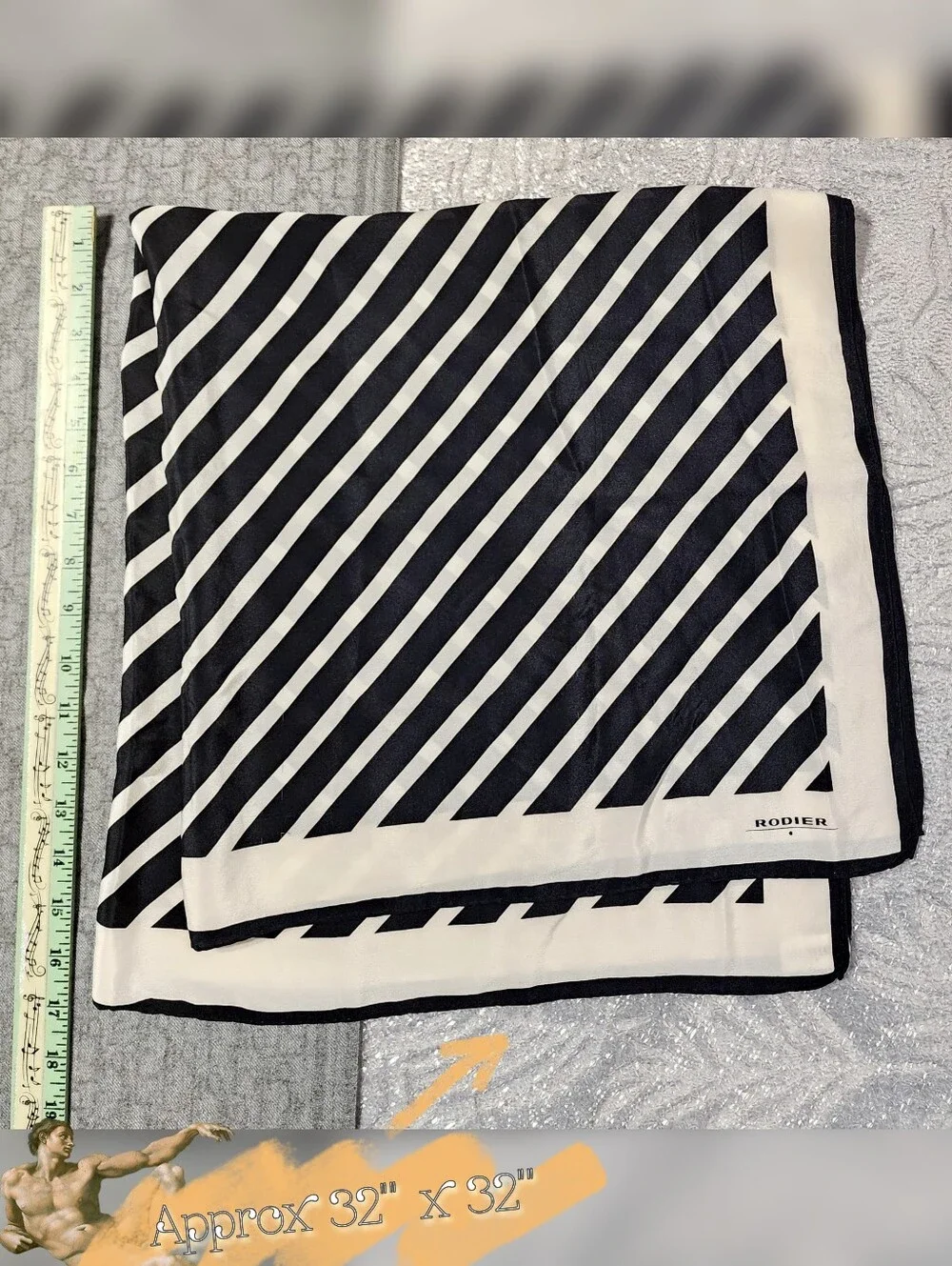 RODIER Vintage Black and Cream Striped Silk Scarf Large Square 32